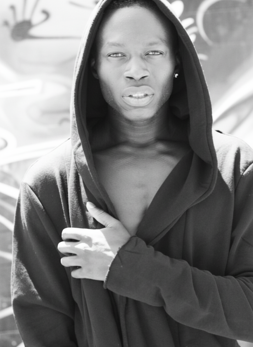 Black and white portrait in hood
